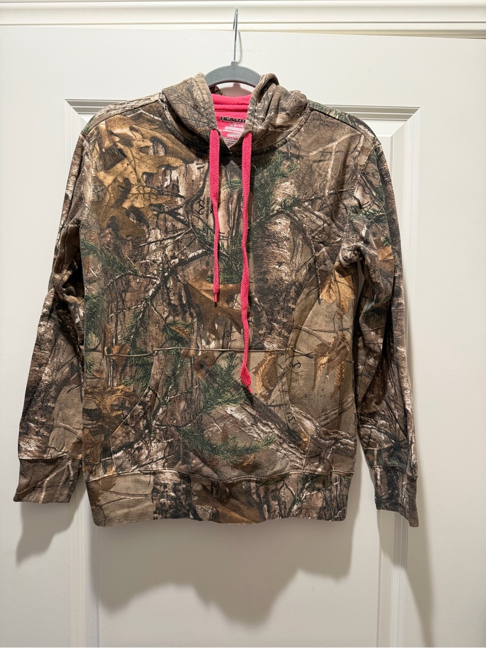 Realtree Camo Pullover Hoodie with Bright Pink Drawstrings